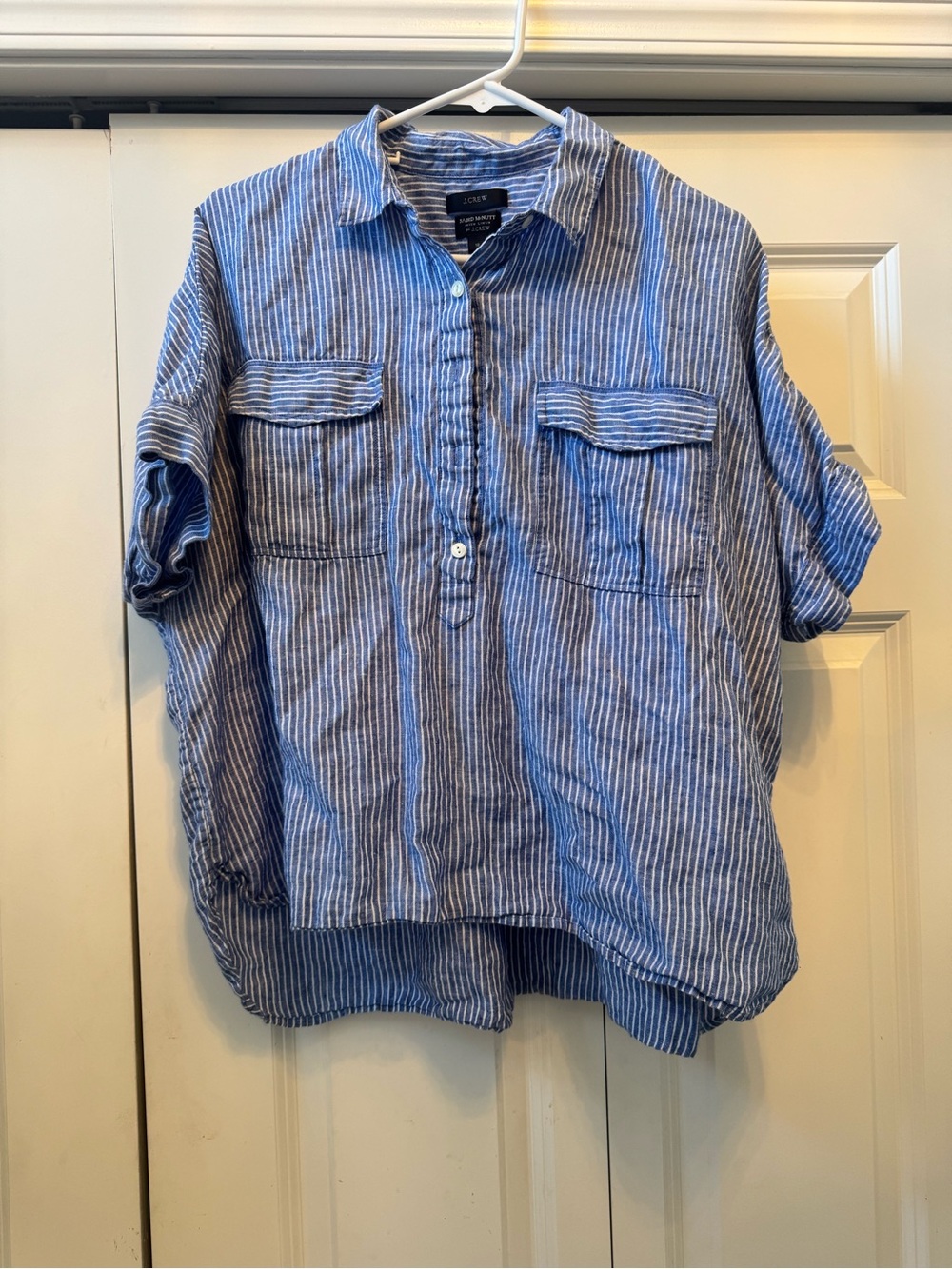 J. Crew Baird McNutt Irish Linen Shirt Blue White Stripes Short Sleeve Womens 16